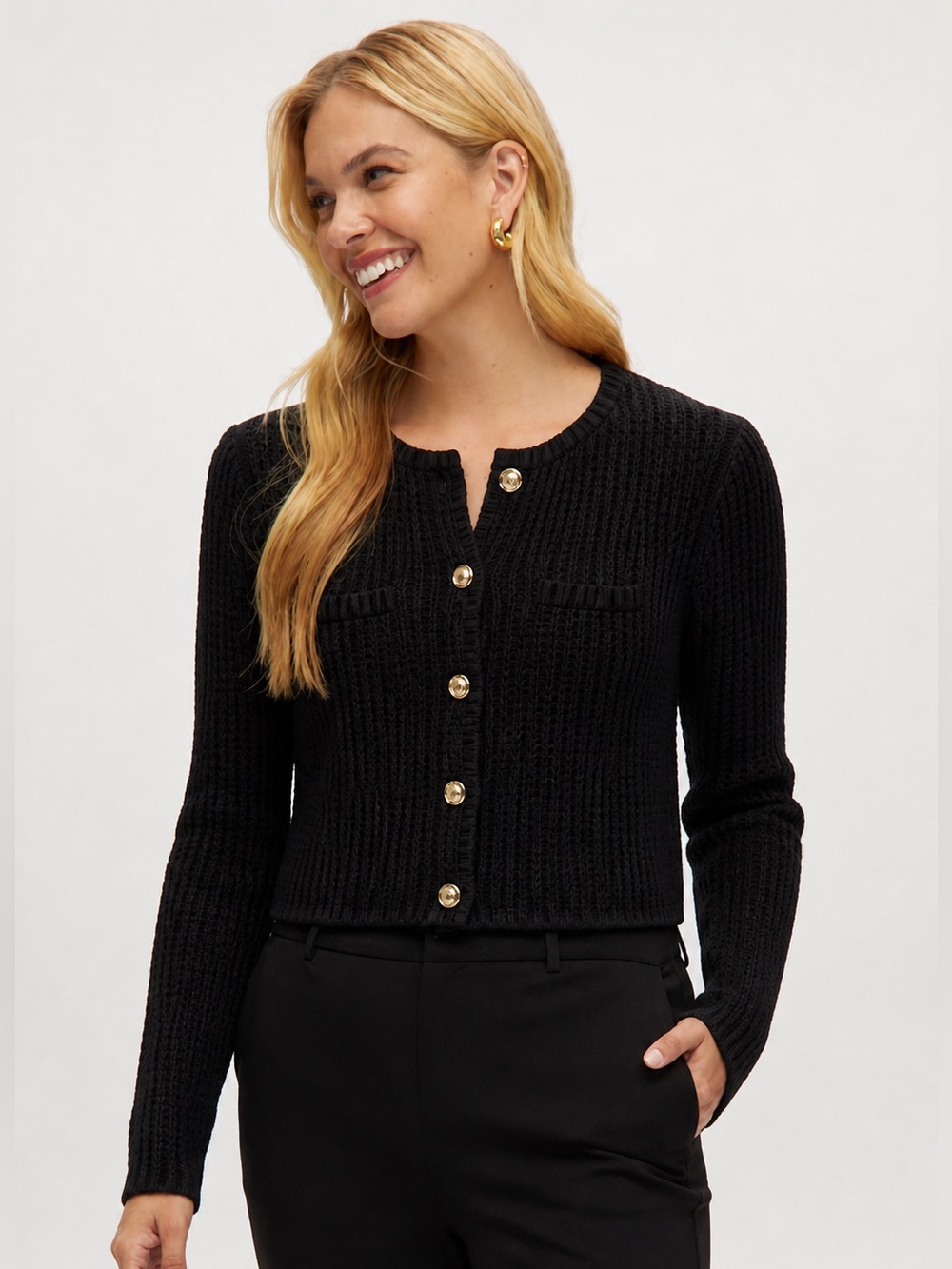 H&M Short Fitted Moss-Knit Cardigan Black Gold Button | Size S